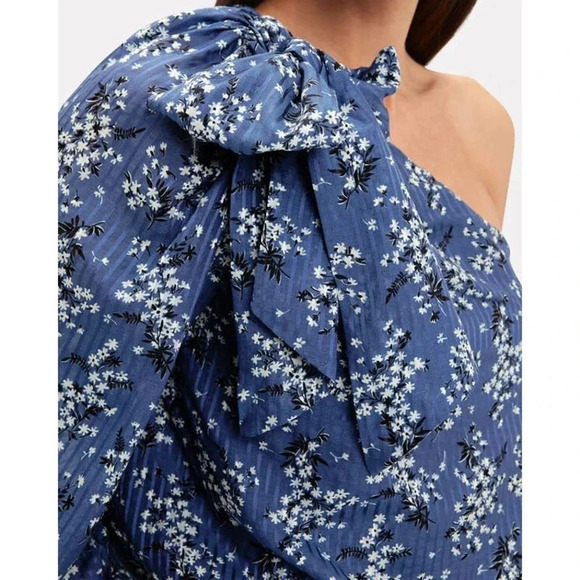Ulla Johnson Enid Blue Floral One Shoulder Silk Blend Blouse  - Bow Asymmetrical - Picture 10 of 10